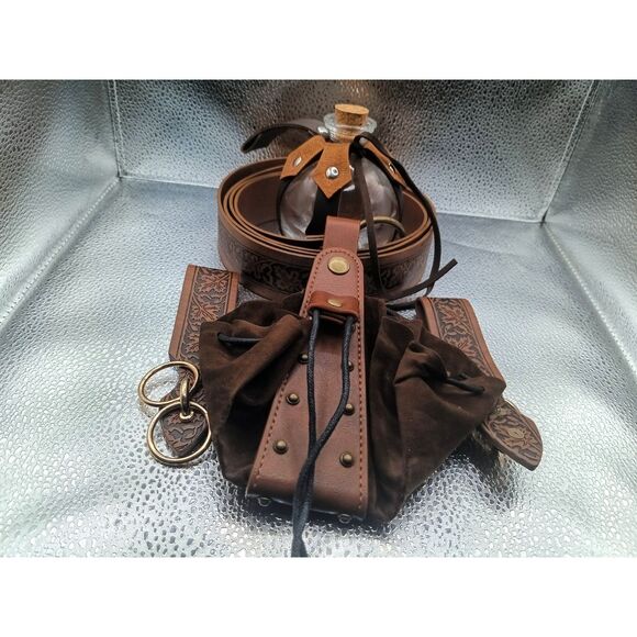 5PC Renaissance Medieval Belt Set w/ Pouch, Bottle, Hikes Faux Leather Cosplay - Picture 6 of 13